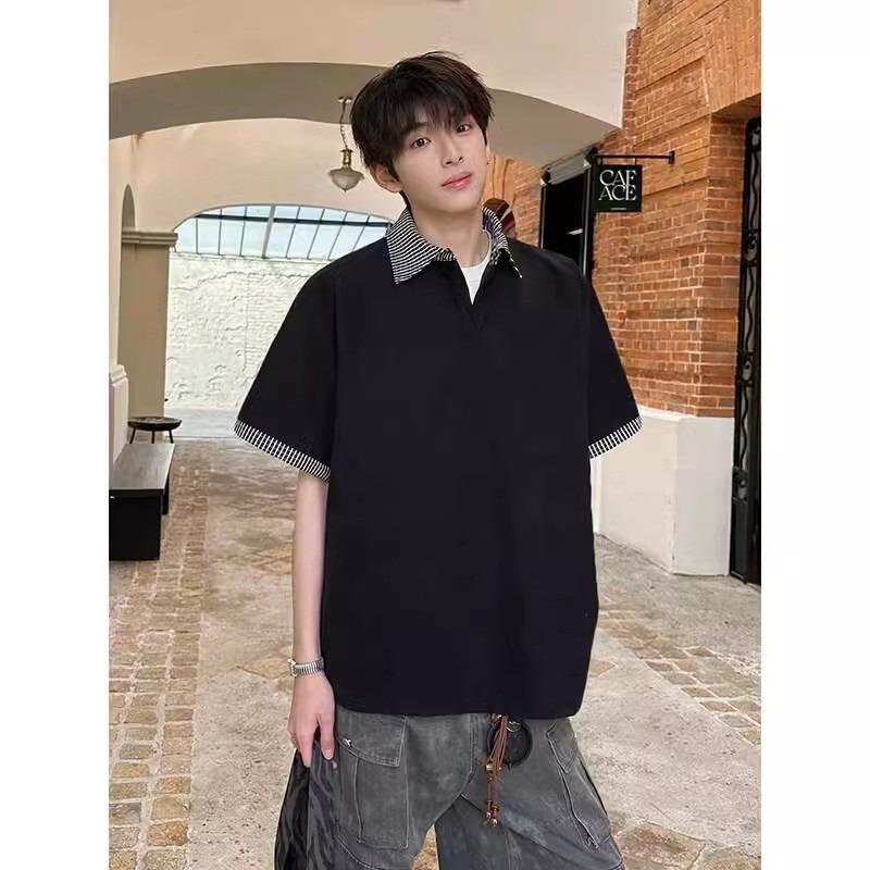 Men's Black Striped Collar Cuff Detail Polo Shirt Casual Oversized Streetwear Top
