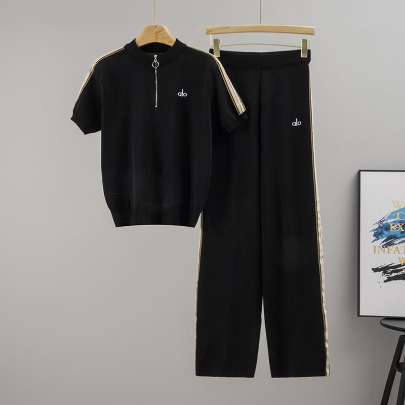 

Женская спортивная одежда со стойкой, с короткими рукавами, полосатые брюки клеш, модный и молодежный костюм-двойка one size чёрный