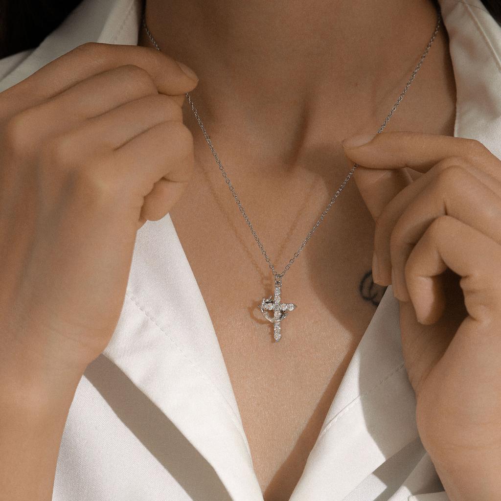 Necklace Female, Creative Personality Titanium Steel Cross Necklace Temperament Hollow Colored Zircon, Collarbone Chain