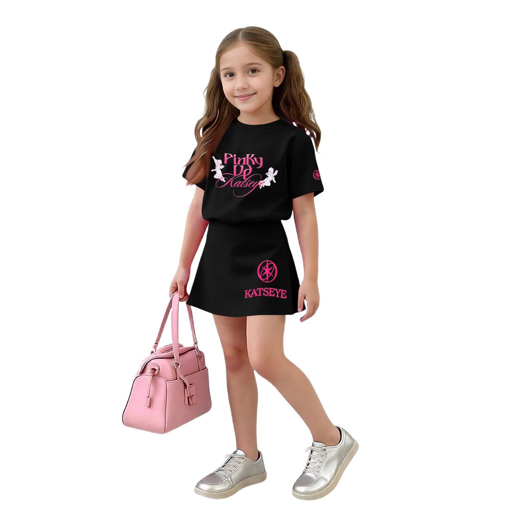 Girls Casual Two Piece Set Loose Fit Short Sleeve Crew Neck Top with Printed Design and Matching Skirt Comfortable Summer Outfit