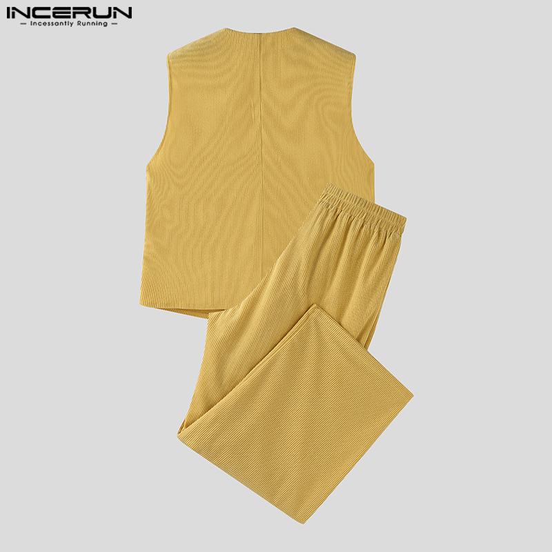 INCERUN Autumn Men Corduroy Sleeveless Waistcoat and Long Pants Outfits Sets
