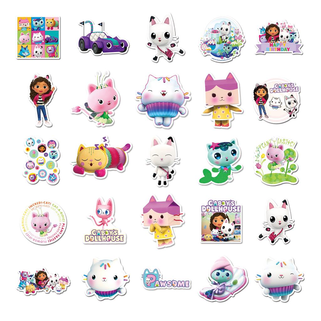 50Pcs/Kawaii Gabby Dollhouse Cats Tattoo Stickers Waterproof Cartoon Cute Gabby Doll House Cats Sticker Kids Toys Children Gifts