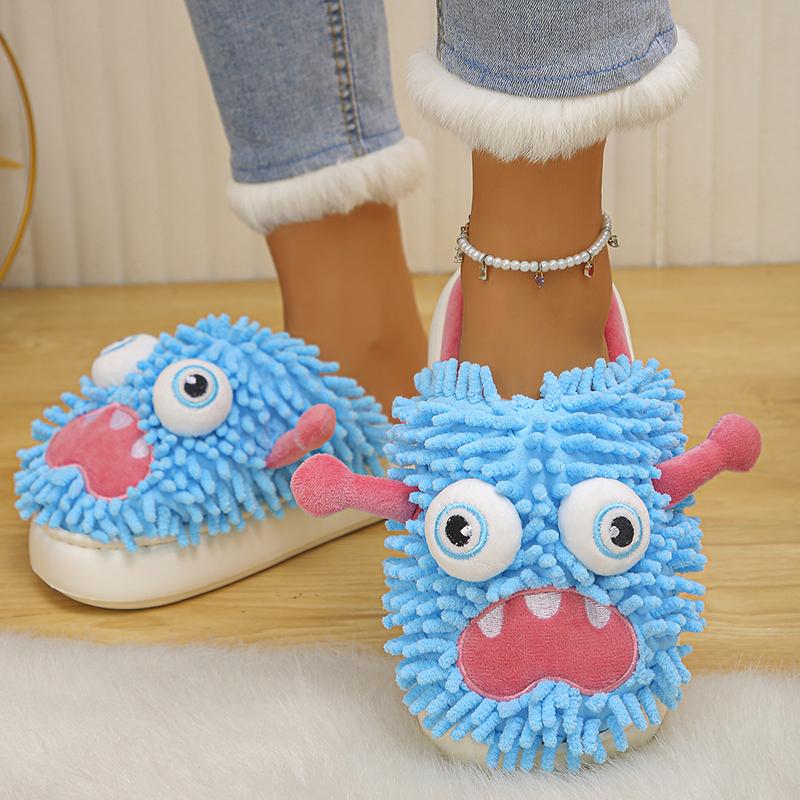 Fashion Cartoon Monster Fluffy Slippers for Women Winter Thick Sole Warm Cotton Slippers Woman Funny Indoor Anti-Slip Home Slides Shoes