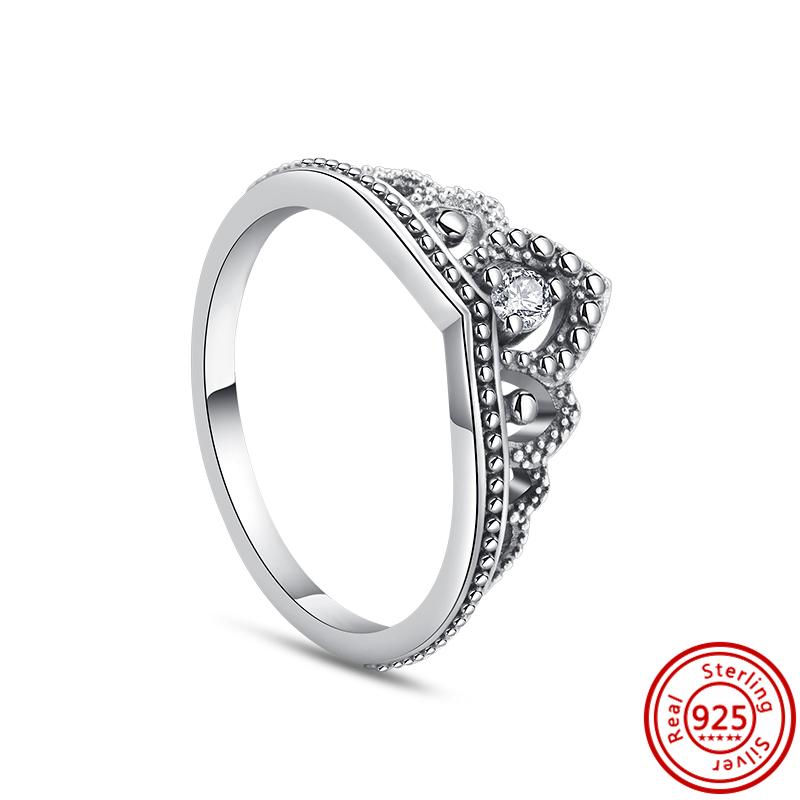 Authentic 100% 925 Sterling Silver Princess Regal Crown Heart Sparkling Zircon Luxury Circle Rings Women Wedding Jewelry
