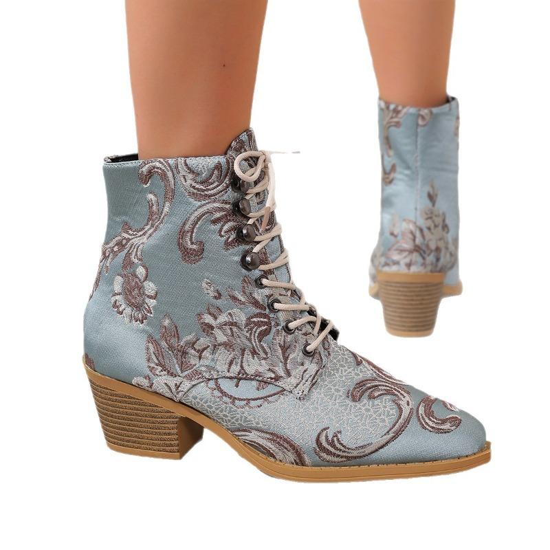 Women's Plus-Size Embroidered Chunky Heel Short Boots - Pointed Toe, Lace-Up, High Heel, Fashion Boots, New Style Chelsea Boots