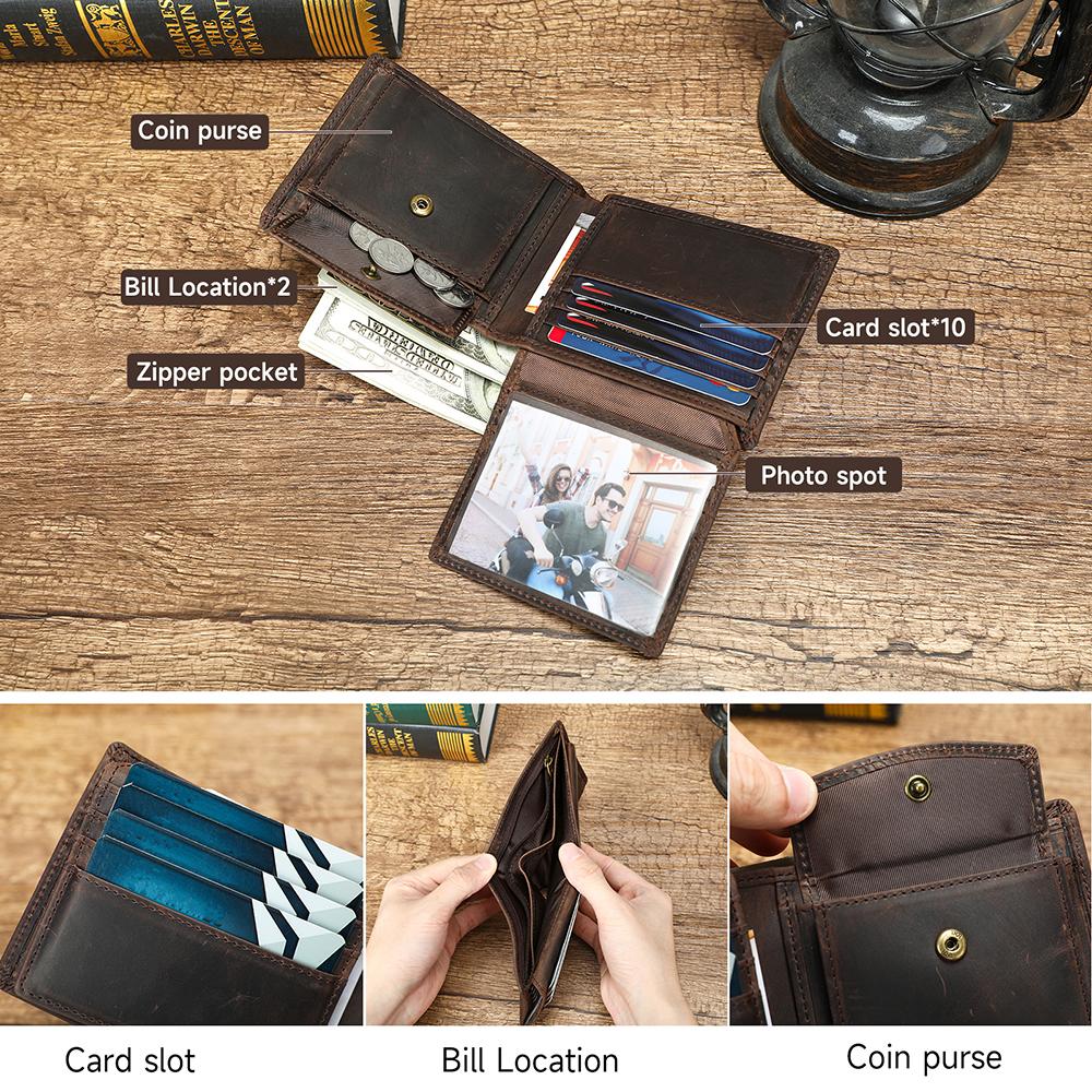 Cartera de Hombre de Cuero Genuino con Patrón Vintage Compacto Crazy Horse Portatarjetas de Crédito