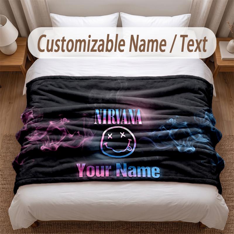 Nirvana Printed Flannel Blanket Custom Name Text Soft Warm Throw For Bedroom Holiday Gift