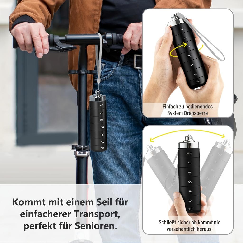[German printing]Metal Travel Pill Organizer, Portable 7 Day Vitamin Organizer Stackable, Waterproof 1 Times A Day Pill Box