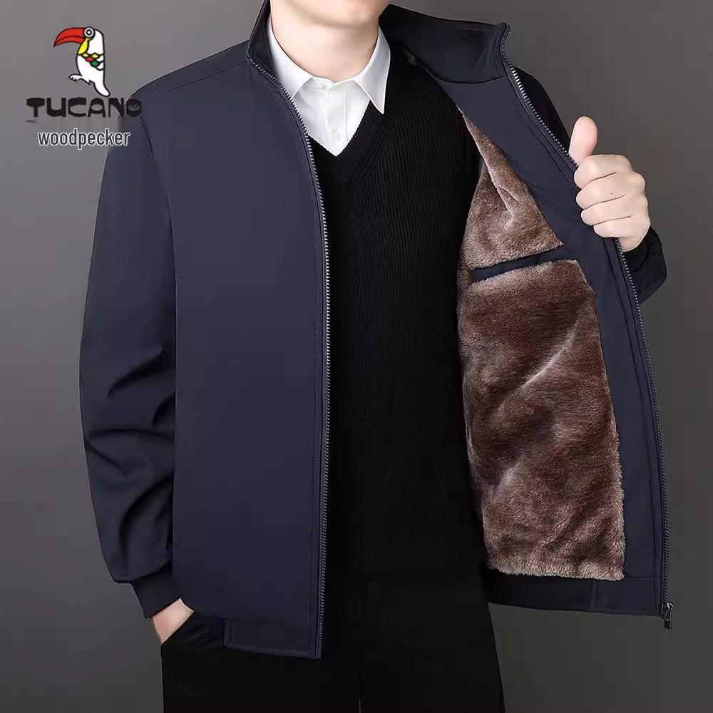 

Men s Woodpecker Fleece-Lined Winter Jacket - Warm Cotton Padded, Plus Size Coat with Stand-Up Collar for Middle-Aged and Elderly Casual Wear L recommended 100-120 jin