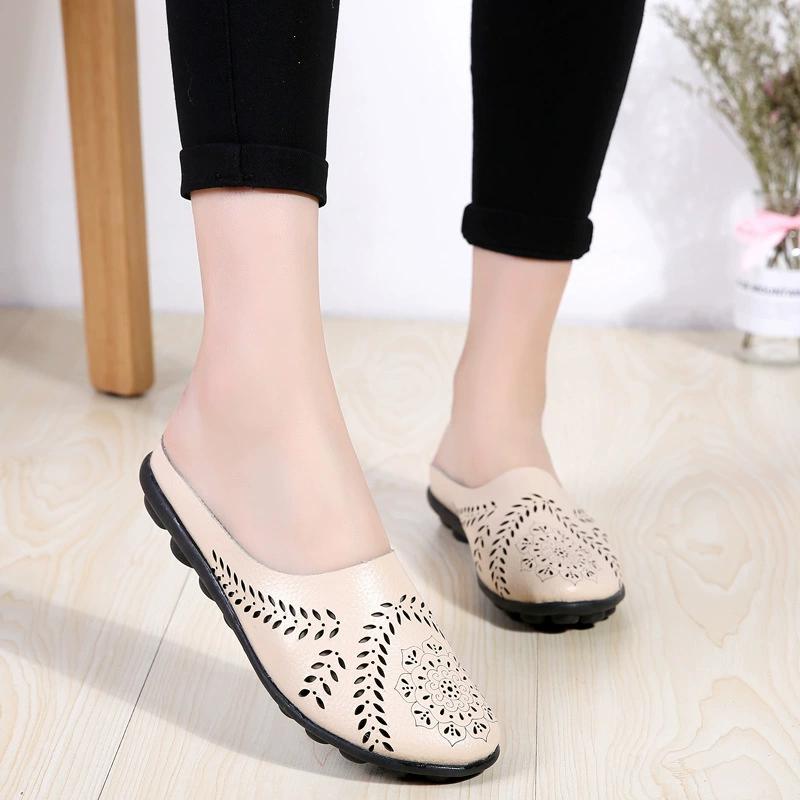Women's Spring and Autumn Low Top Flat Hollow Beans Women's Single Shoes Large Size Half Slipper