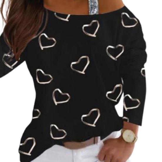 Dámska blúzka s potlačou srdca lomený krk Voľné sexy tričko top sveter na jar jesene