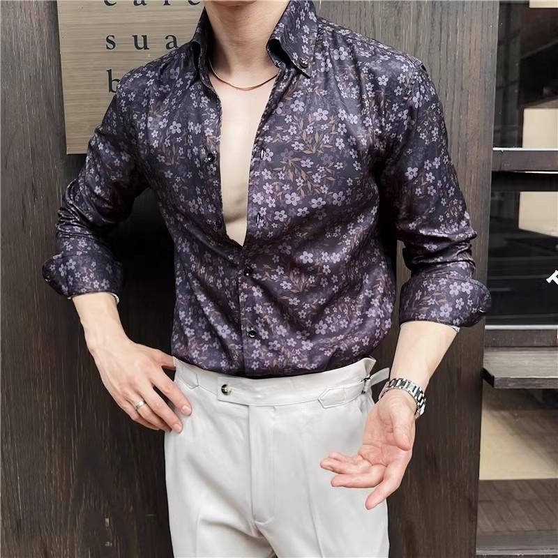Sprig Autumn Men's Casual Shirts Fashion Print Long Sleeve Floral Shirts For Men Clothing Slim Fit Shirt Men