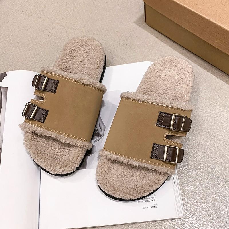 Fashion House Slippers Platform Flat Shoes Female Luxury Slides Flock Low Fur Flip Flops Designer Plush Rome with Fur Rubber Fashion Bas