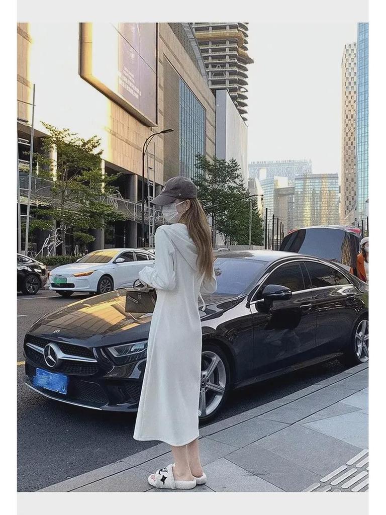 Trendy French White Hooded Sweater Dress for Women - New Spring/Autumn Long Style