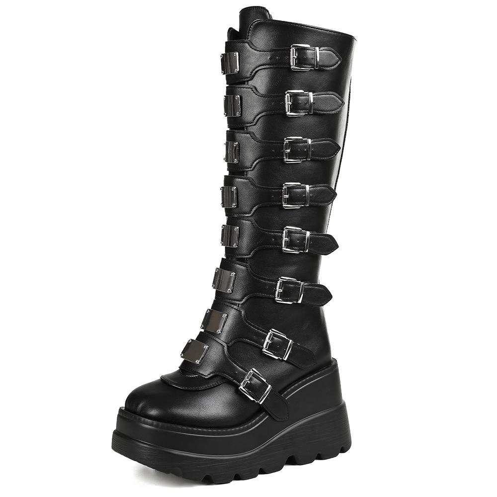 

GIGIFOX Goth Metal Buckle Combat Mid-Calf Boots For Women Round Toe Platform Chunky High Wedges Cool Fashion Motorcycle Boots 43