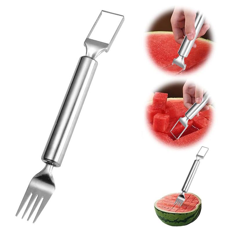 2-in-1 Stainless Steel Fruit Cutters Dual Head Watermelon Fork Cutter Slicer Tool For Home Kitchen Gadget Melon Cube Cutter