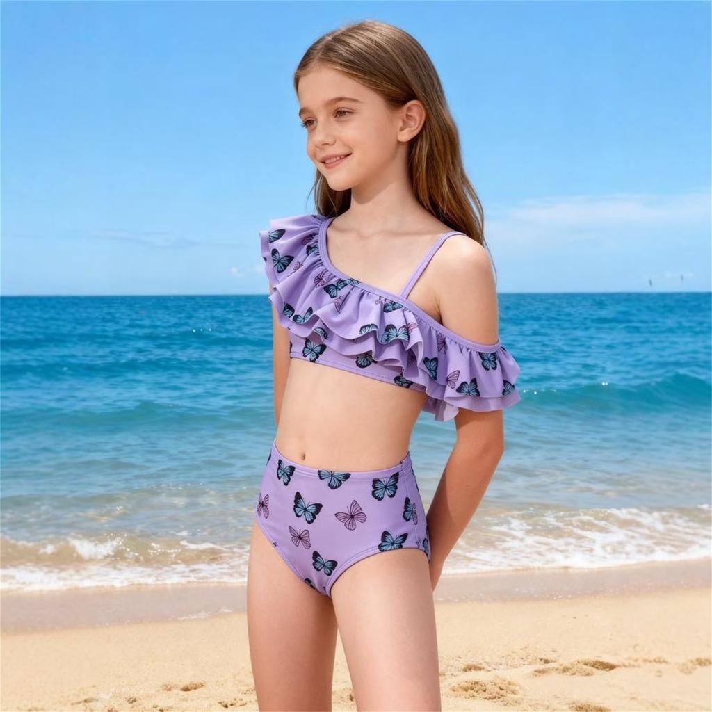 Girls Two Piece Swimsuit Set Ruffled One Shoulder Bikini Top with Adjustable Strap and High Waist Bottom Printed Swimwear for Kids