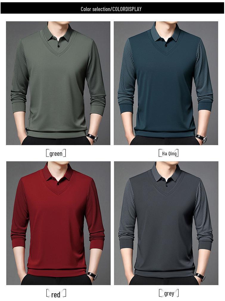 Winter Sale: Men's Fleece-Lined Two-in-One T-Shirt with Shirt Collar – Thick, Warm Base Layer