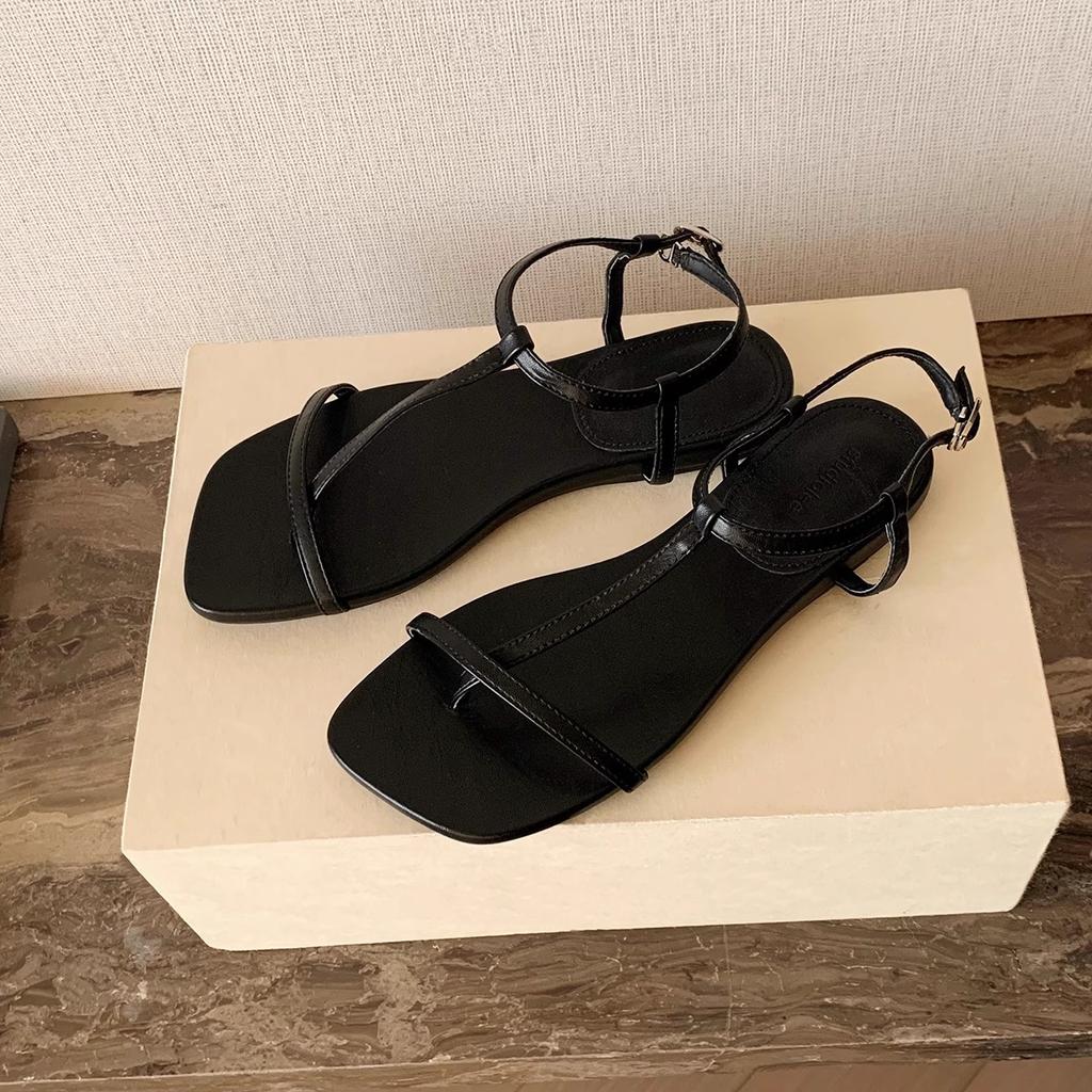 Sheepskin version~ Grape mother, the same fashionable diagonal cut square T-shaped belt leather toe versatile flat-soled sandals women's summer