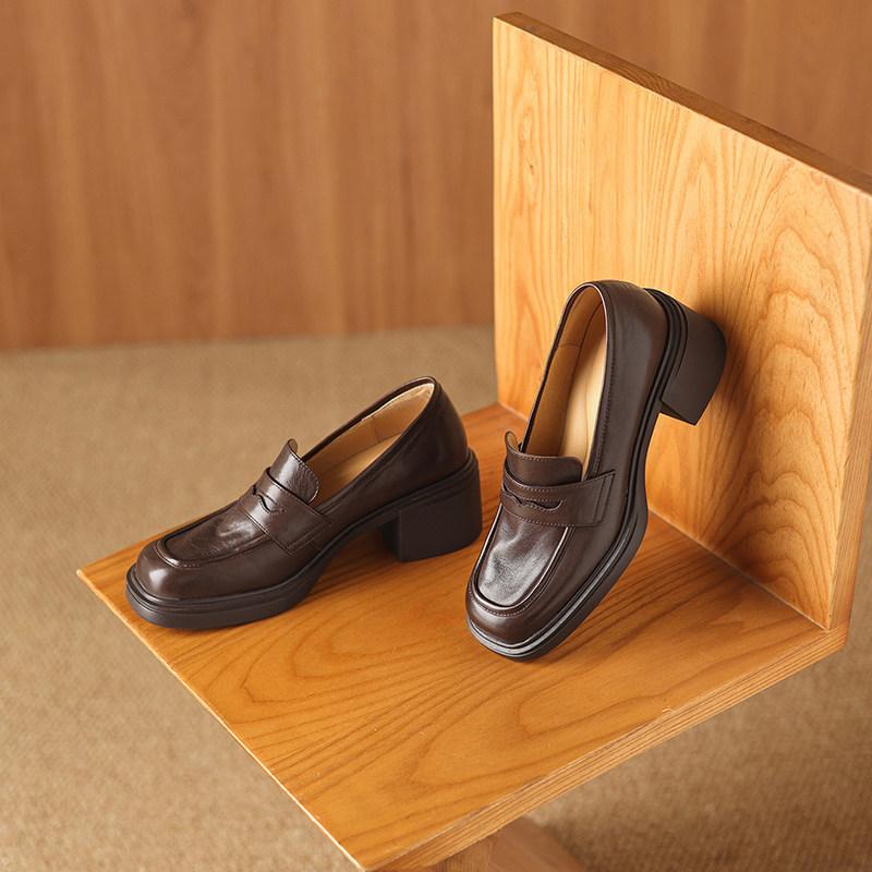 Retro British style square head thick heel platform loafers versatile commuter small leather shoes one pedal high heel single shoes