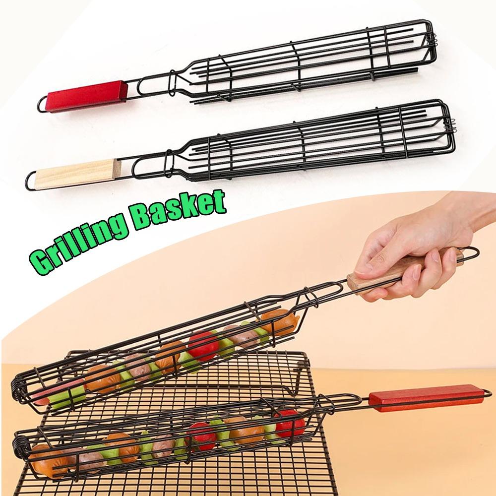 Camping Grillrost Faltbarer BBQ Grillkorb Robuster Antihaft-Netzrost Holzgriff Zubehör für Würstchen Fisch Gemüse BBQ