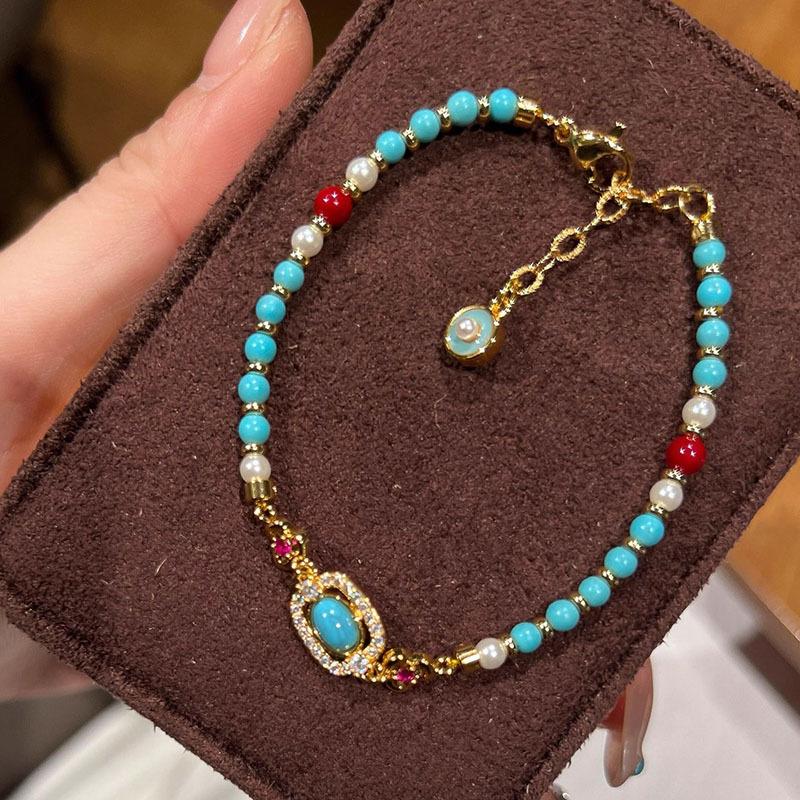 Эффектный изысканный Жемчуг Этнический стиль Круглые бусины Жемчуг Бирюза Браслет инкрустация Алмаз Ослепительные Браслеты Банкет s 17-20cm