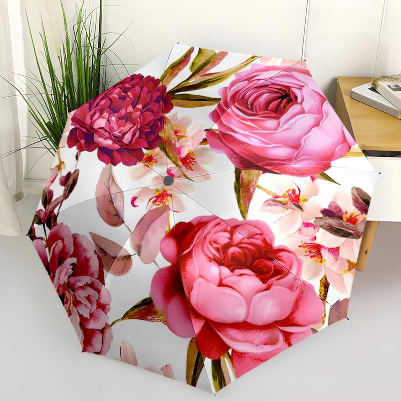 Rose Bright Flowers Automatic Umbrella, Compact Design with 8 Ribs,  Outdoor Leisure and Daily Use-ideal Gift