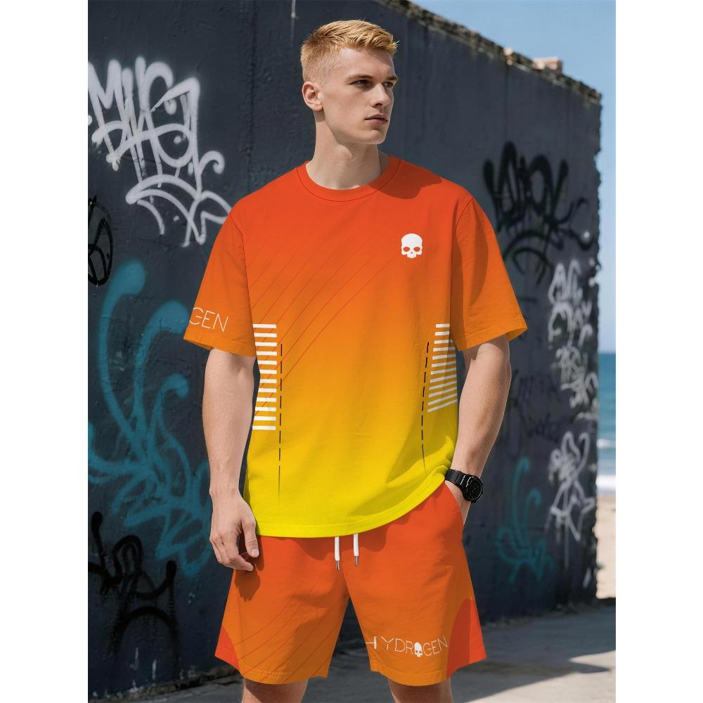 Summer New Men's Short-Sleeved Set with 3D Skull Pattern Print - Street Casual Fashion Comfortable and Soft