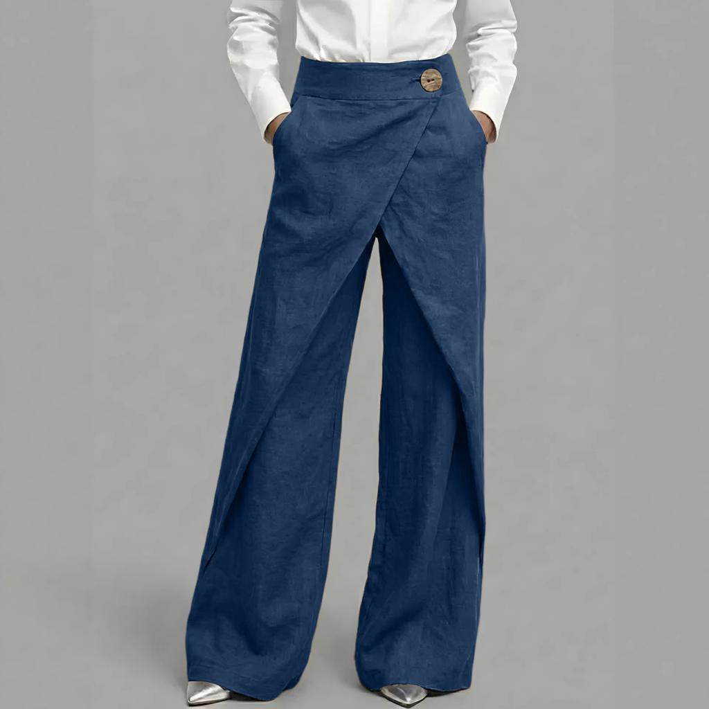 Pantaloni in Lino a Gamba Larga con Chiusura a Incrocio Vita Alta Design Sovrapposto Vestibilità Rilassata da Donna per Ufficio Casual