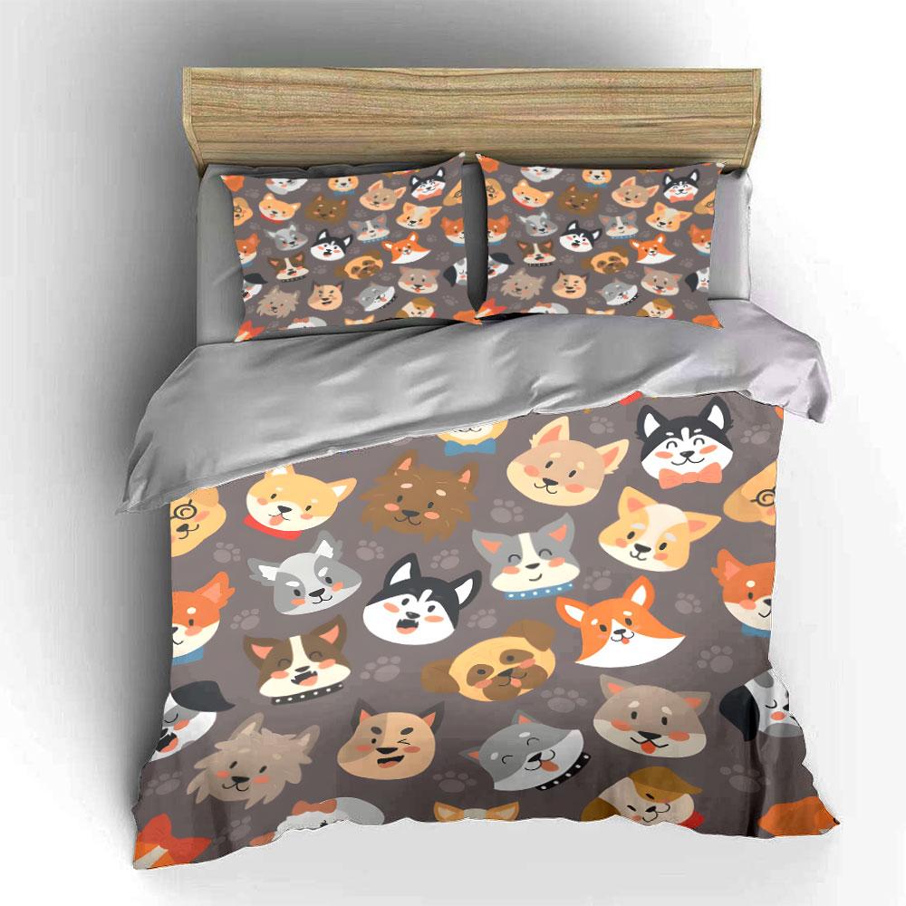 Cute Cartoon Dog Faces Pattern Bedding Duvet Cover Set (1*Duvet Cover 2*Pillowcases, without duvet insert)