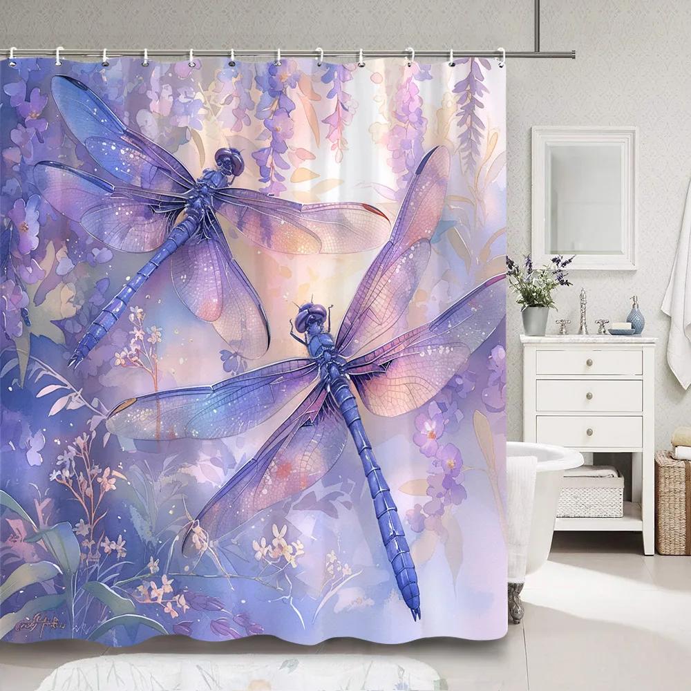 Dragonfly Watercolour Shower Curtain Dandelion Lavender Flower Polyester Fabric Home Art Bath Curtains Bathroom Decor with Hooks