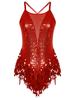 Womens Latin Dance Costume Sparkling Sequins Fringed Leotard with Elegant Cross Back Bodysuit Design