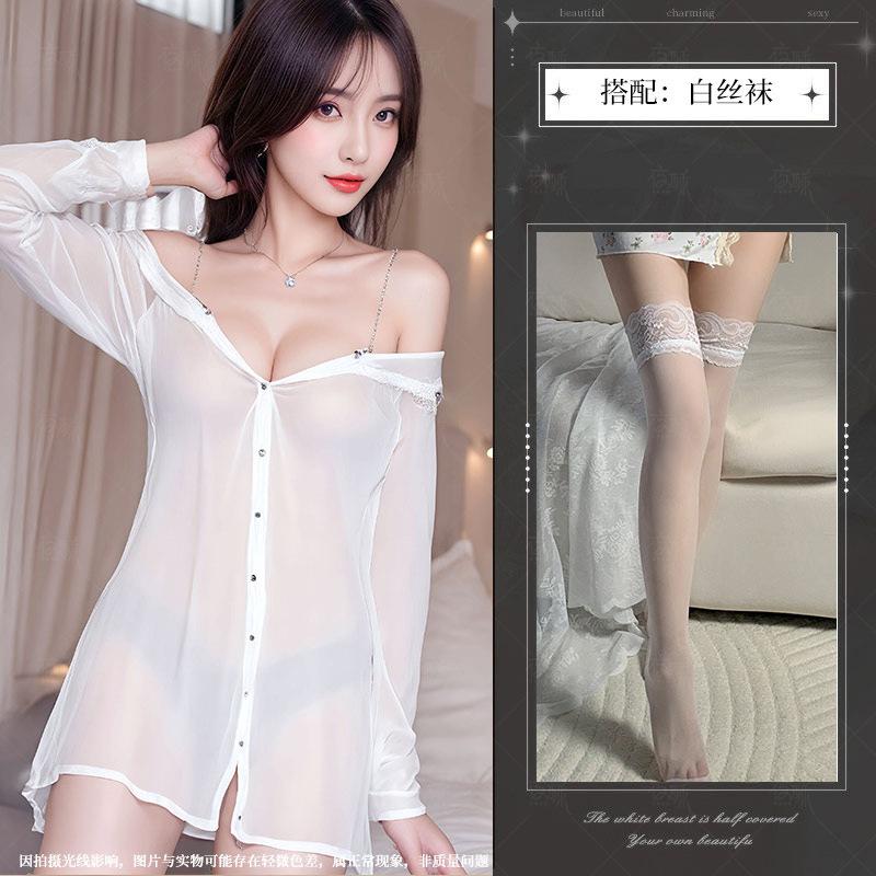 Sex underwear set sexy sweet wind chiffon white shirt uniform temptation nightdress perspective off the shoulder