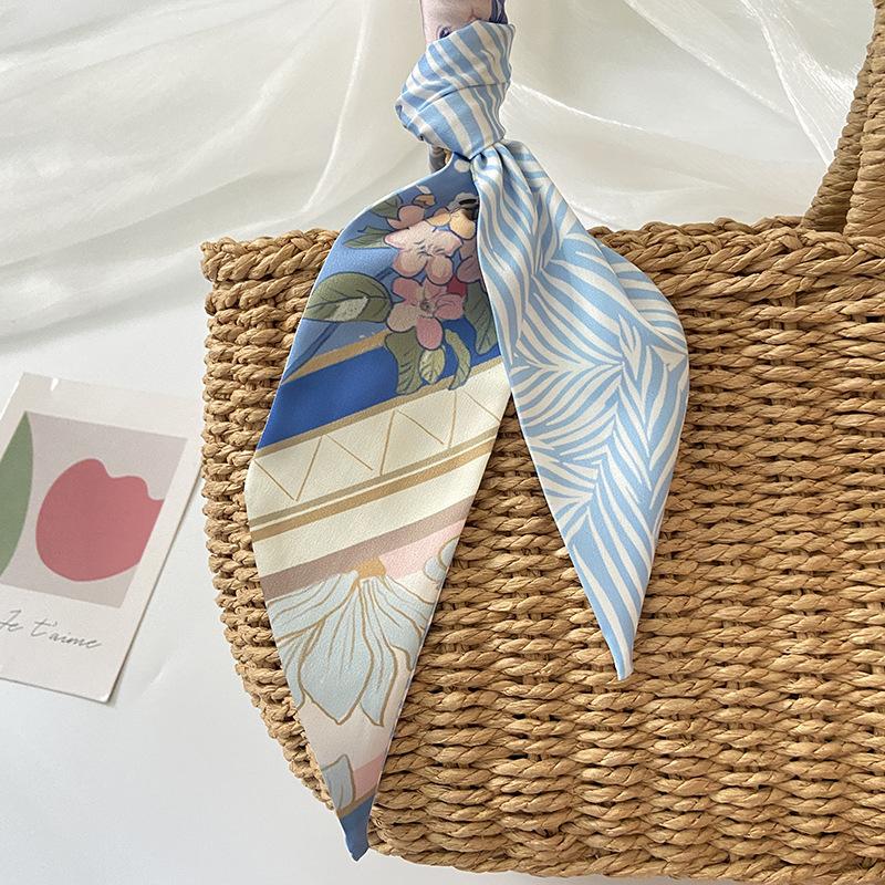 Fashion Blue Tulip Thin Narrow  Long Silk Scarf Women's Headband Braided Hair Ribbon Tied Wrapped Hair Scarf Headwear