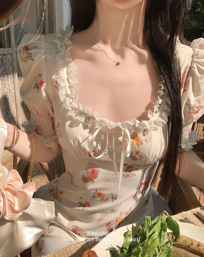 White Tower Women's Elegant Fairy Style Lace Dress - Summer/Autumn Korean Chic Long Dress