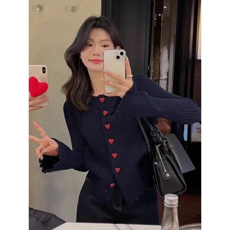 Gentle Wind Knitted Cardigan Women's Autumn and Winter New Round Neck Horn Sleeve Love Buckle Bottoming Sweater Jacket Women