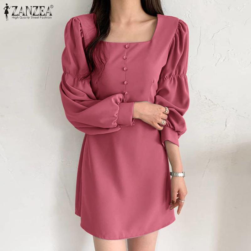 

ZANZEA Весенняя женская пуховка с длинным рукавом квадратный воротник короткое платье
