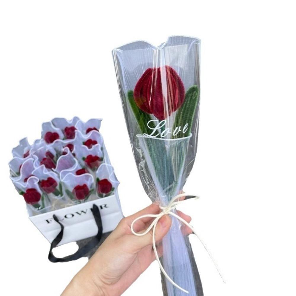 Romantic 30cm Knitting Flower Rose Tulips Handmade Gifts Knitted Tulip Bouquet Crochet Fake Floral Wedding Party Decor
