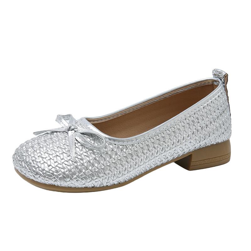 French thick heel woven single shoes women's 2025 autumn and summer new bow with skirt one pedal soft-soled beanie shoes