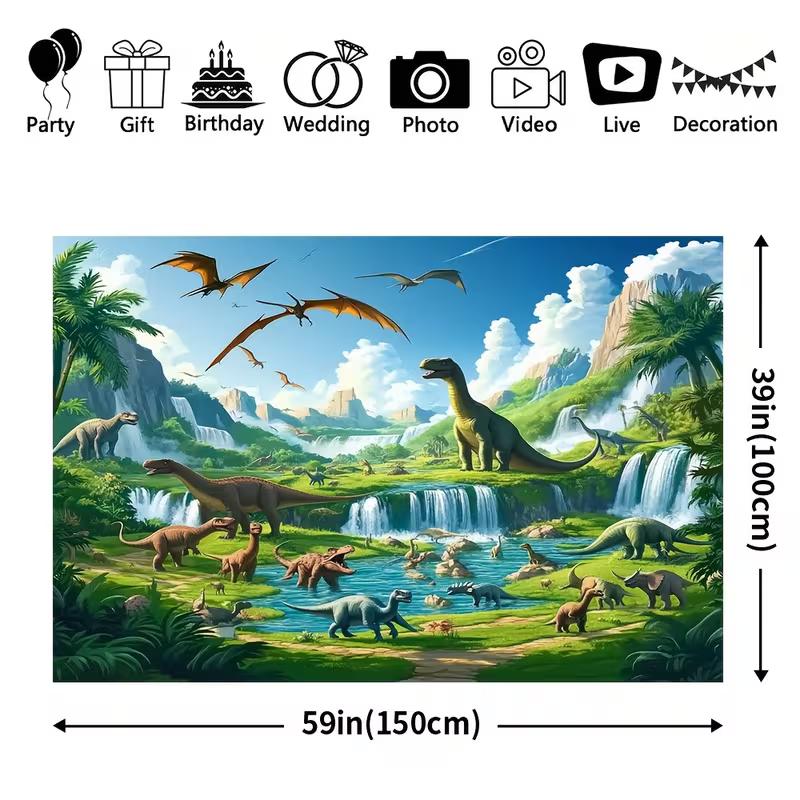 Lebendige Jura-Dinosaurier-Dschungel-Kulisse Wasserfall und Berglandschaft Hintergrundtuch für Partydekoration