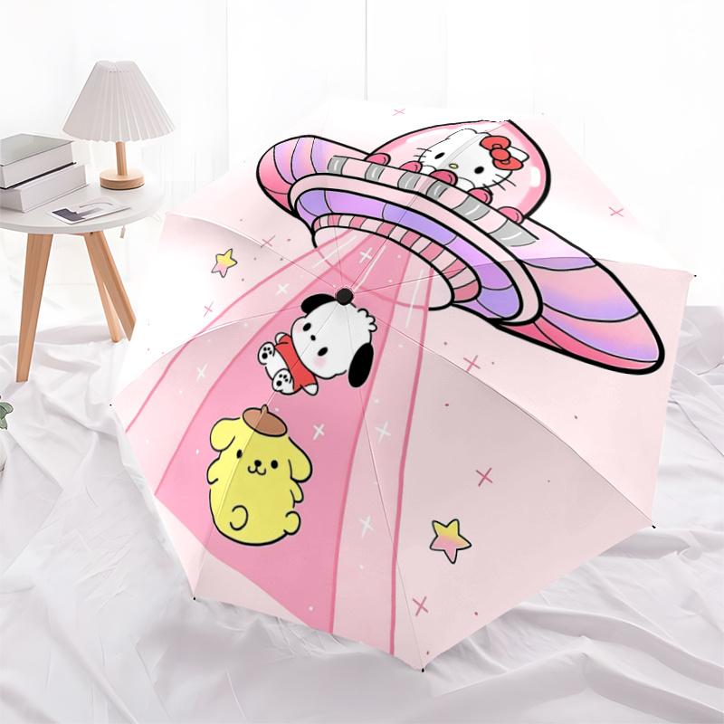 

1pc Hello Kitty UFO Abduction Automatic Opening/Closing Umbrella - Portable Tri-Fold Design with 8-Bone Iron Frame, Outdoor, Gift for Fans, Travelers,