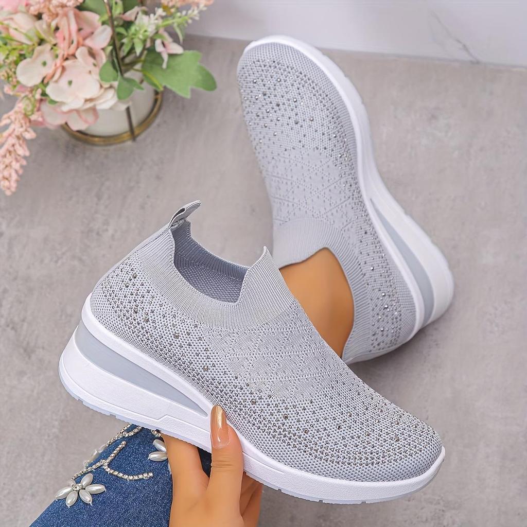 Women's Rhinestone-Decorated Thick-Sole Sneakers - Sparkling Rhinestone Low-Top Slip-On Shoes Mesh-woven Breathable Sports Shoes
