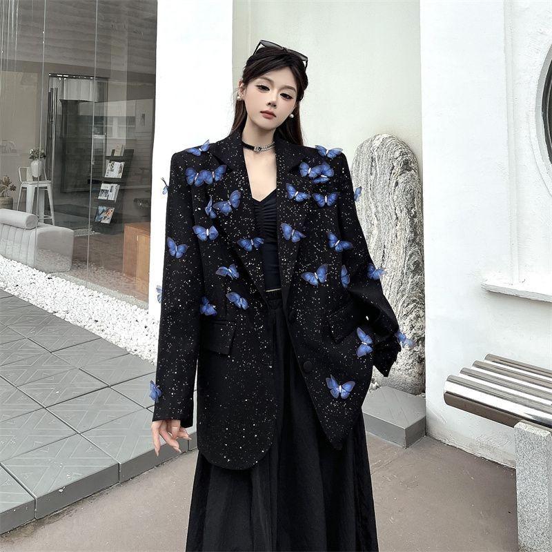 Niche Design Shiny Detachable Butterfly Black Blazer for Women Spring Autumn Loose Padded Shoulder Casual Suit Outerwear
