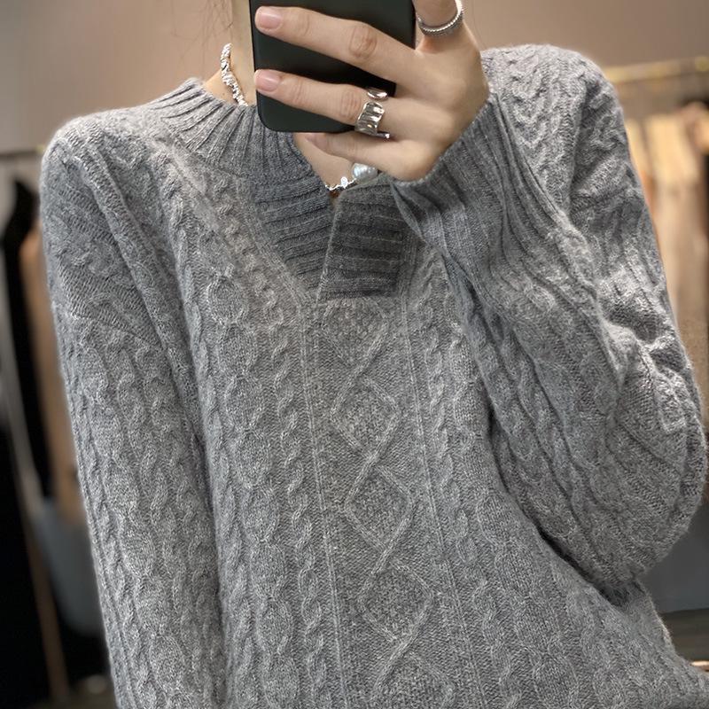 

Женский кашемировый свитер с V-образным вырезом в стиле ретро аргайл - Универсальный пуловер крупной вязки для осени/зимы Large