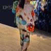 2 Pcs/Set Women Top Pants Set Bright Color Floral Print Three Quarter Bat Sleeves O Neck T-shirt Wide Leg Deep Crotch Elastic Waist Loose Casual