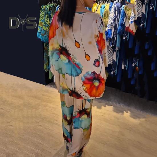 2 Pcs/Set Women Top Pants Set Bright Color Floral Print Three Quarter Bat Sleeves O Neck T-shirt Wide Leg Deep Crotch Elastic Waist Loose Casual