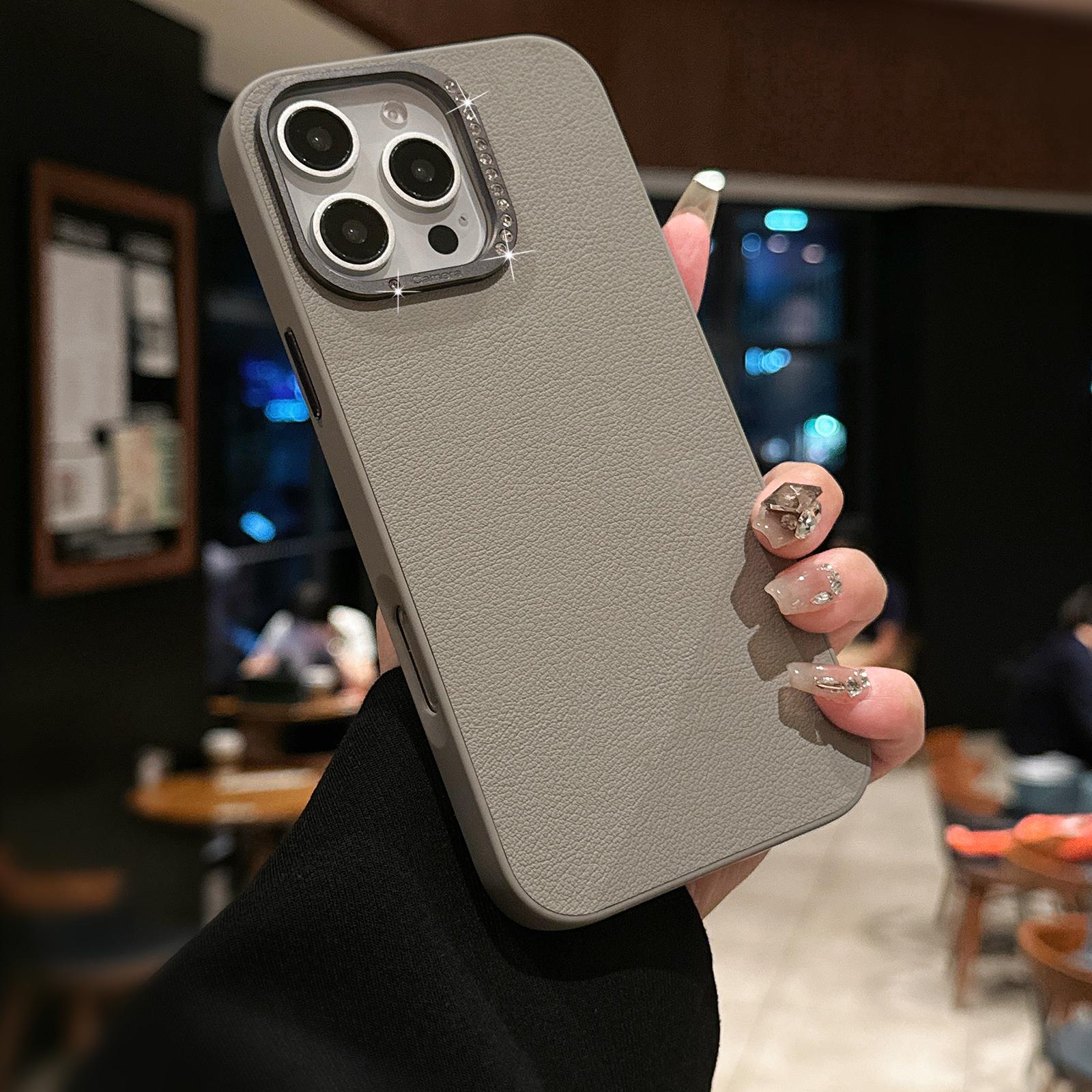 

For iPhone 16 Pro Case Rhinestone Decor Lens Frame Leather+PC Phone Cover Grey