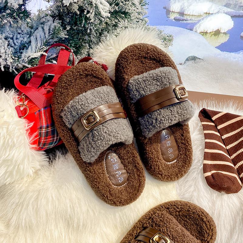 2025 new wool shoes women's winter wear soft-soled slippers lamb wool belt buckle velvet warm women's shoes