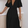 Women's Bohemian Long Dress Deep V Neck Puff Short Sleeve Swing Dress Summer Tiered Flowy A Line Midi Dress