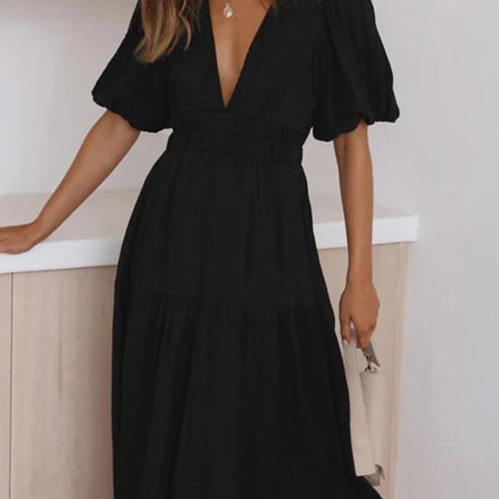 Women's Bohemian Long Dress Deep V Neck Puff Short Sleeve Swing Dress Summer Tiered Flowy A Line Midi Dress